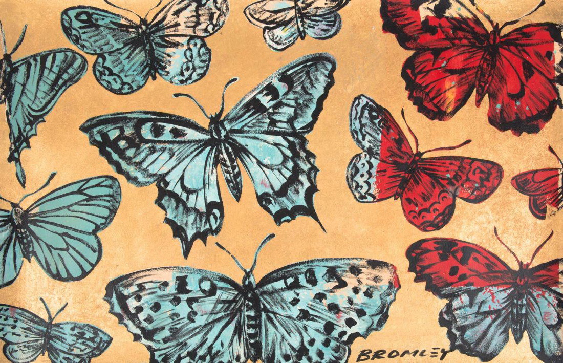 Â§ DAVID BROMLEY (BORN 1960) Butterflies: § DAVID BROMLEY (BORN 1960) Butterflies acrylic and gold leaf on paper signed lower right: BROMLEY 80 x 120 cm 