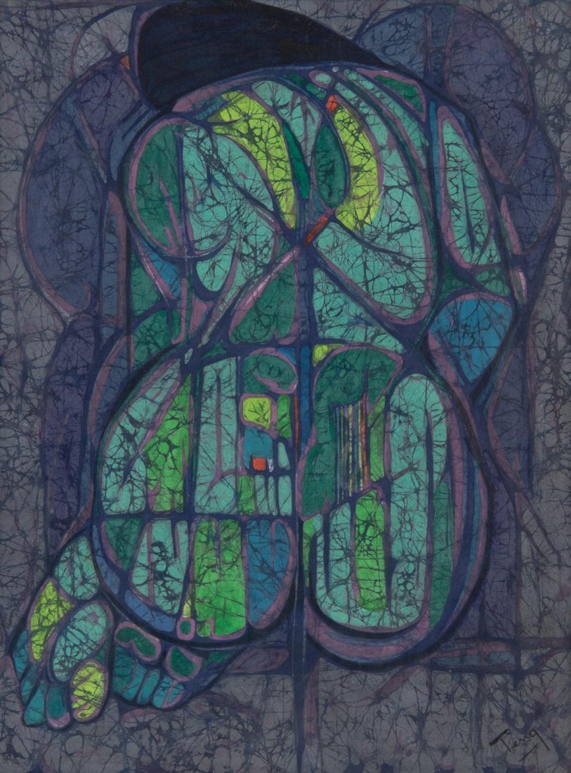 CHUAH THEAN TENG (CHINESE, 1912-2008) Seated Nude: CHUAH THEAN TENG (CHINESE, 1912-2008) Seated Nude dyed cloth signed lower right: Teng 55.5 x 42 cm PROVENANCE: Yahong Art Gallery, Malaysia