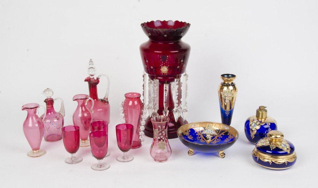 A collection of assorted ruby & cobalt blue glass ware: A collection of assorted ruby & cobalt blue glass ware including Murano & English, 19th & 20th Century. Lustre vase: 37cm. (15 items).