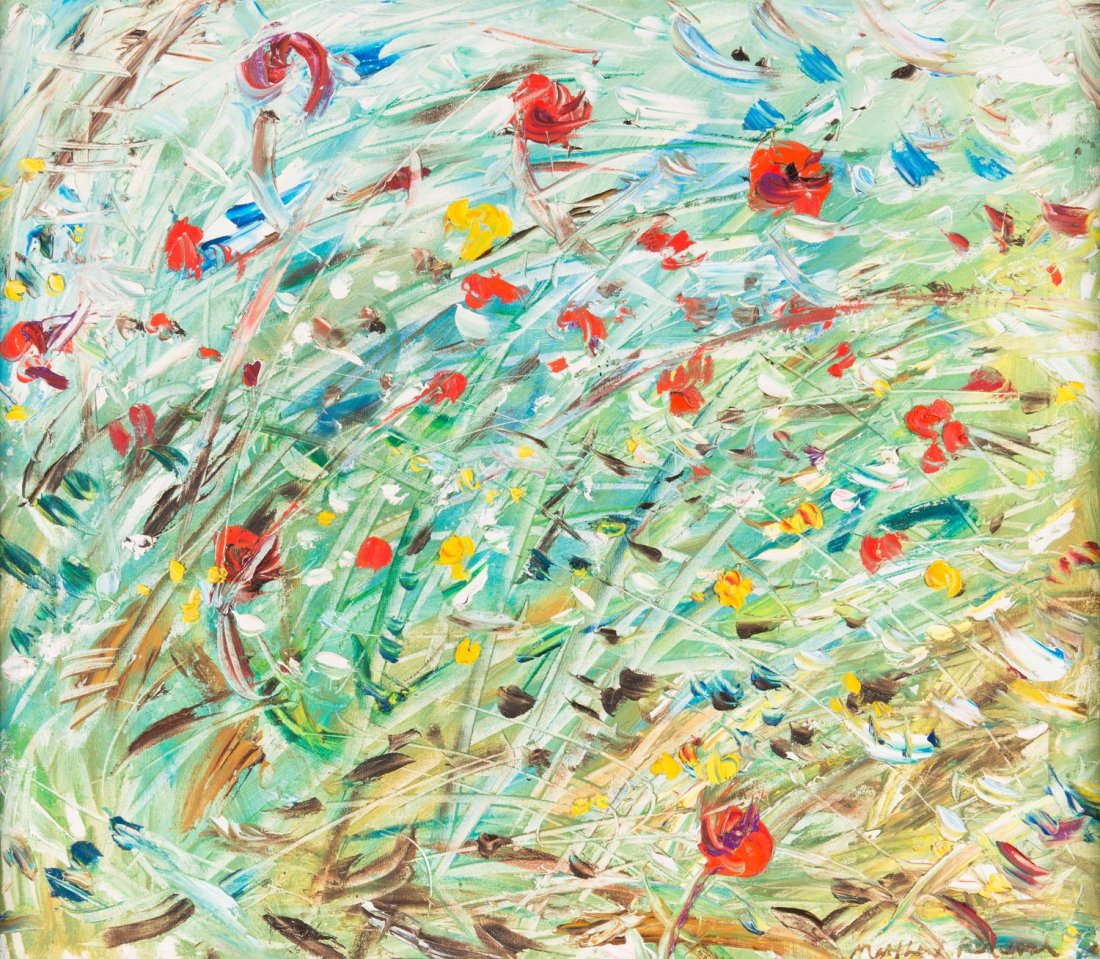 MATTHEW PERCEVAL (BORN 1945) Poppies on the Edge of the: MATTHEW PERCEVAL (BORN 1945) Poppies on the Edge of the Pond oil on canvas signed lower right: Matthew Perceval titled verso 74 x 85 cm