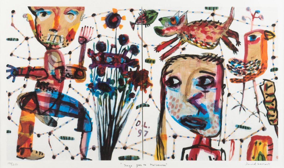 DAVID SCOTT LARWILL (1956-2011) Tanya goes to Melbourne: DAVID SCOTT LARWILL (1956-2011) Tanya goes to Melbourne 1997 screenprint 179/250 signed, titled and editioned to margin 52 x 91 cm