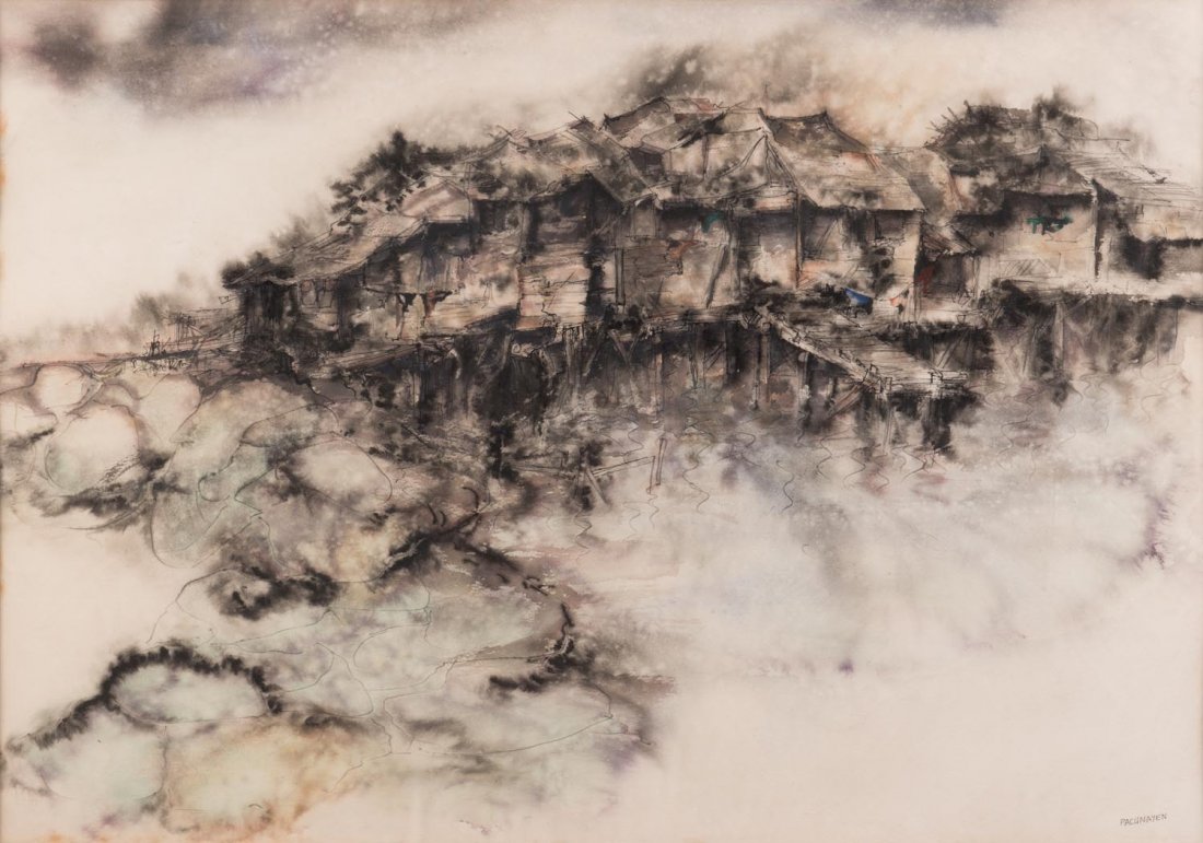LEON PACUNAYEN (FILIPINO, BORN 1935) Asian Village: LEON PACUNAYEN (FILIPINO, BORN 1935) Asian Village ink and watercolour signed lower right 53 x 75 cm