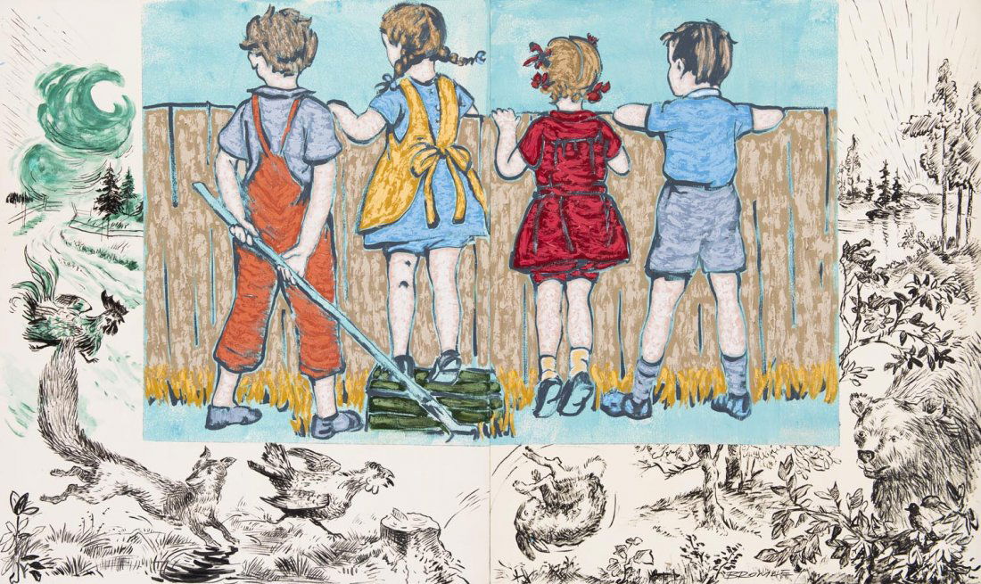 DAVID BROMLEY (BORN 1960) Childhood Memories: DAVID BROMLEY (BORN 1960) Childhood Memories acrylic on canvas signed lower right: BROMLEY 117 x 197cm (2 panels)