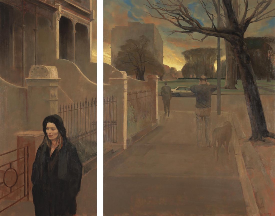 RICK AMOR (BORN 1948) MW in the Street 1998: RICK AMOR (BORN 1948) MW in the Street 1998 oil on canvas signed and dated lower right: RICK AMOR 98 both panels titled and dated verso: MW IN THE STREET Sep 98 1