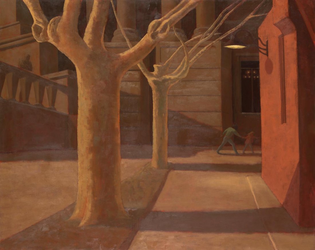 RICK AMOR (BORN 1948) The City 6am 1989-90: RICK AMOR (BORN 1948) The City 6am 1989-90 oil on linen signed and dated lower left: RICK AMOR 90 titled and dated verso: The City 6am DEC 89 129.5 x 162.5cm <