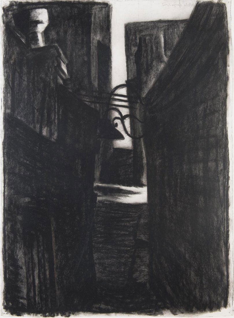 RICK AMOR (BORN 1948) City Lane 1987: RICK AMOR (BORN 1948) City Lane 1987 charcoal signed and dated upper right: Rick Amor 21/12/87 76 x 56cm