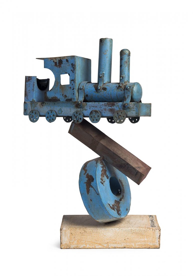 DAVID BROMLEY (BORN 1960) Blue Rusty Train: DAVID BROMLEY (BORN 1960) Blue Rusty Train painted metal signed on base: BROMLEY 60.5 x 44.5 x 26cm