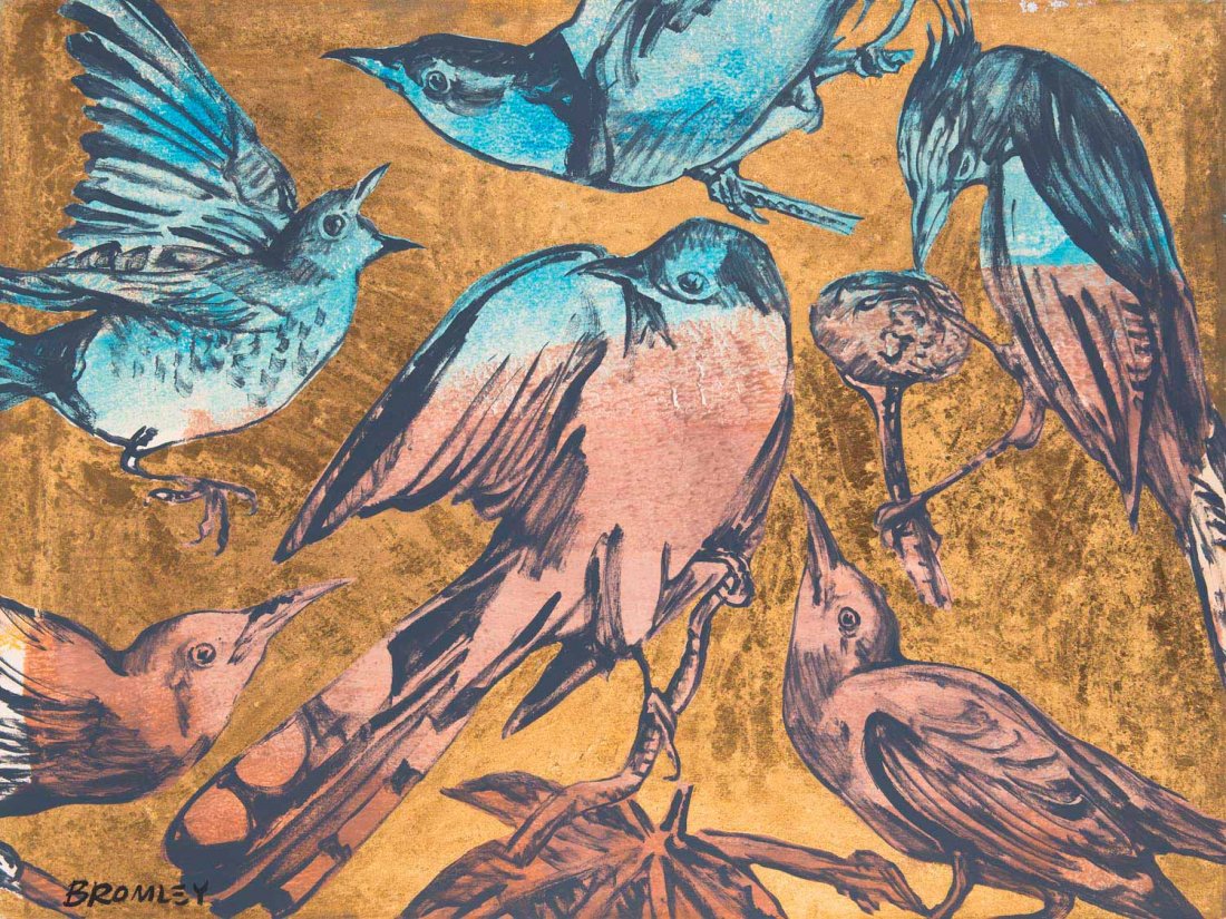 DAVID BROMLEY (BORN 1960) Birds: DAVID BROMLEY (BORN 1960) Birds acrylic and gold leaf on canvas signed lower left: BROMLEY 91 x 121.5cm