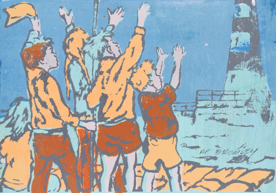 DAVID BROMLEY (BORN 1960) Children and Lighthouse: DAVID BROMLEY (BORN 1960) Children and Lighthouse screenprint signed and editioned lower right: BROMLEY AP 38.5 x 55cm