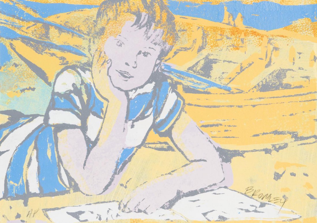 DAVID BROMLEY (BORN 1960) Boy Thinking: DAVID BROMLEY (BORN 1960) Boy Thinking screenprint signed and editioned lower right and left: BROMLEY AP titled verso: Boy Thinking 38 x 55cm