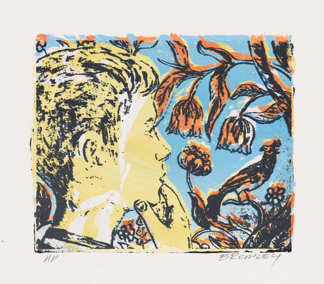 DAVID BROMLEY (BORN 1960) Boy, Bird & Flower: DAVID BROMLEY (BORN 1960) Boy, Bird & Flower screenprint signed and editioned to margin: BROMLEY AP titled verso: BOY, BIRD & FLOWER 24 x 28cm