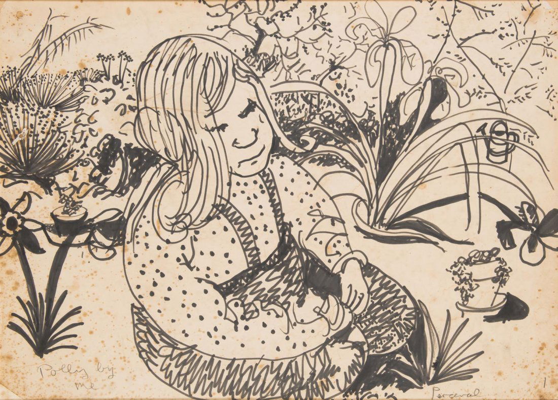 JOHN DE BURGH PERCEVAL (1923 â€“ 2000) Polly by me: JOHN DE BURGH PERCEVAL (1923 – 2000) Polly by me ink signed lower right: Perceval titled lower left: Polly by me 52.5 x 72.5cm Provenance:</