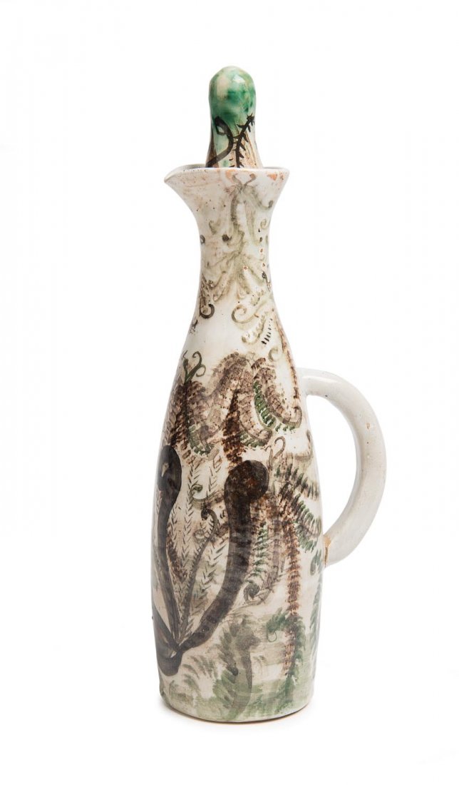 Arthur Merric Bloomfield Boyd (1920-1999) (potter) and: Arthur Merric Bloomfield Boyd (1920-1999) (potter) and John Perceval (1923-2000) (decorator) A glazed earthenware carafe with lyre birds in landscap