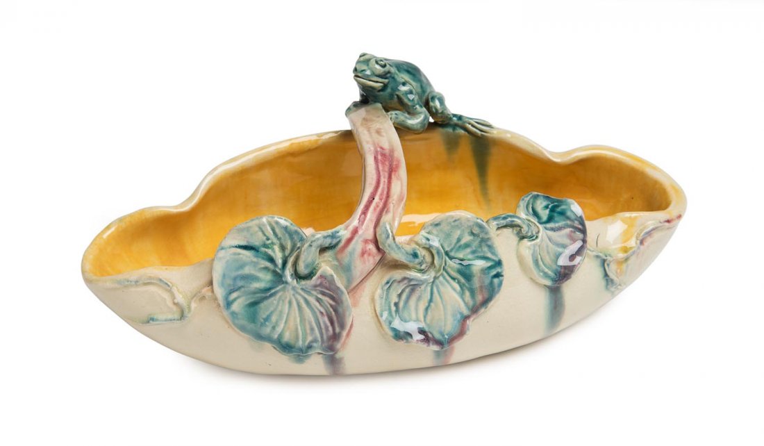 John Castle-Harris (1893-1967) A wheel thrown: John Castle-Harris (1893-1967) A wheel thrown earthenware basket decorated with a frog and lotus inscribed Castle Harris 11.5cm high, 30cm wide