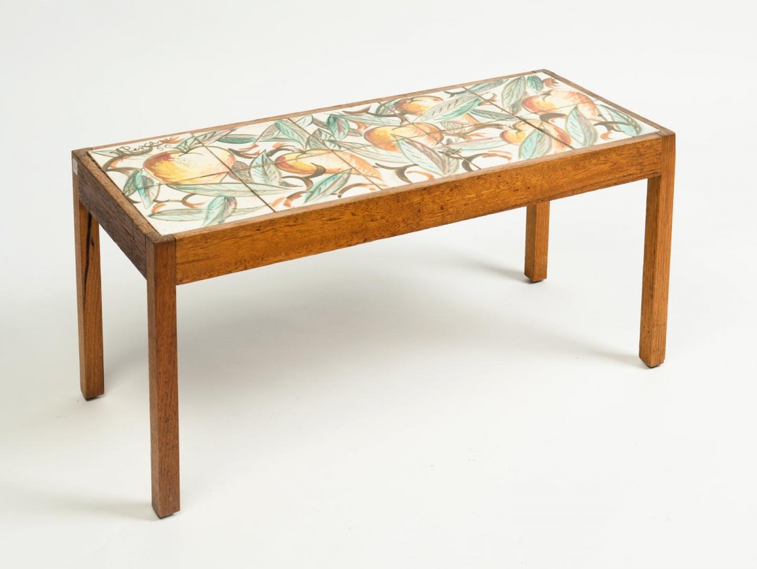 John Perceval (1923-2000) A ceramic tile table (ten): John Perceval (1923-2000) A ceramic tile table (ten) decorated with pears and apples signed Perceval 50 The table 36cm high, 81cm wide, 33.5cm deep