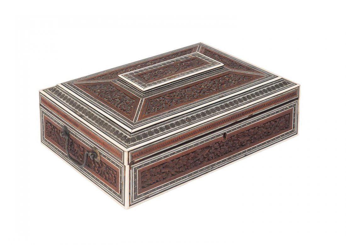 Anglo-Indian box, carved sandalwood with inlaid ivory (1 of 1)