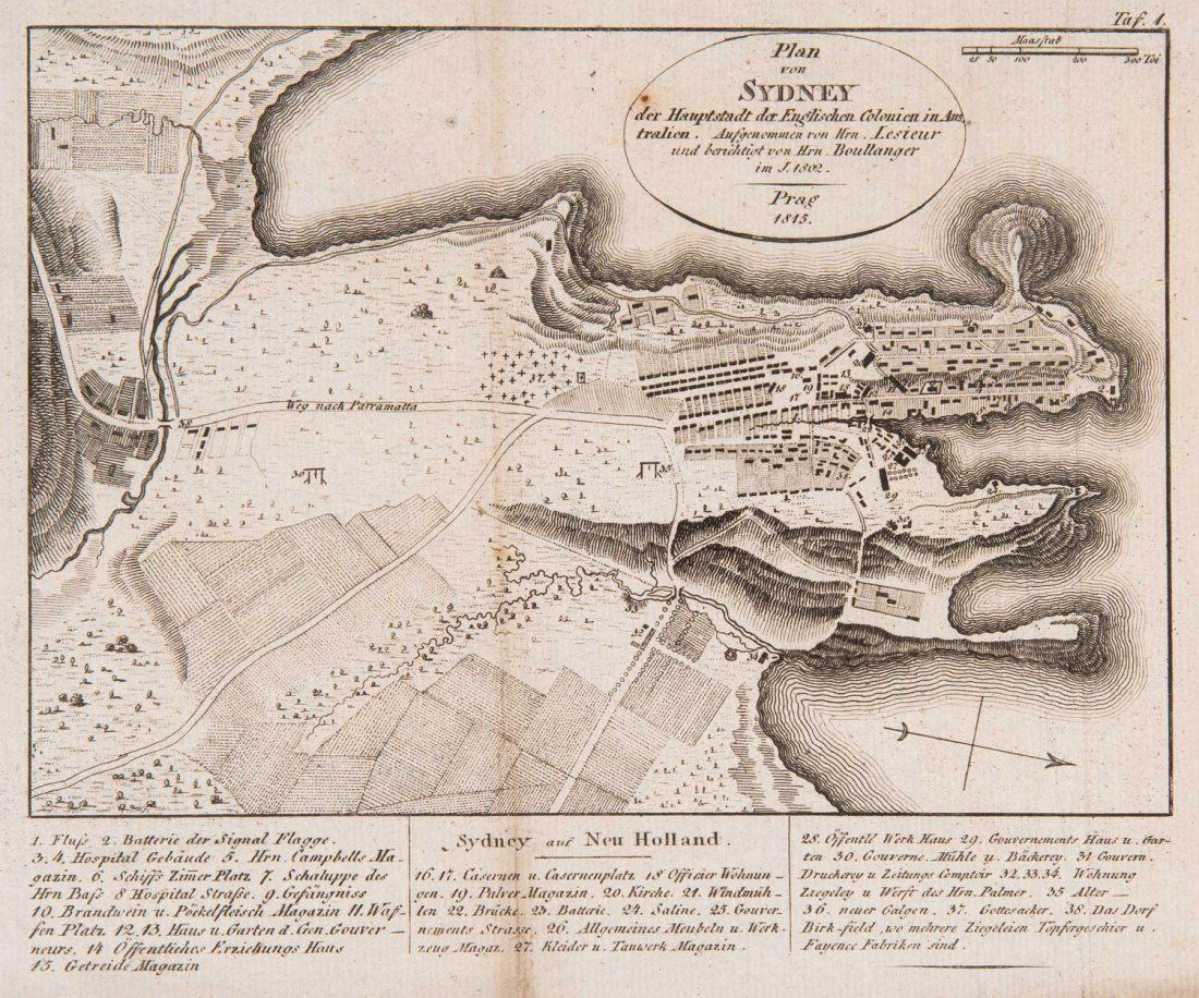 SYDNEY: "Plan von Sydney der Hauptstadt der Englischen: SYDNEY: "Plan von Sydney der Hauptstadt der Englischen Colonien in Australien" [Prague, 1815] by Dr F. Lindner (after Lesueur). This German plan of Sydney is based upon Charles Alexandre Lesueur's