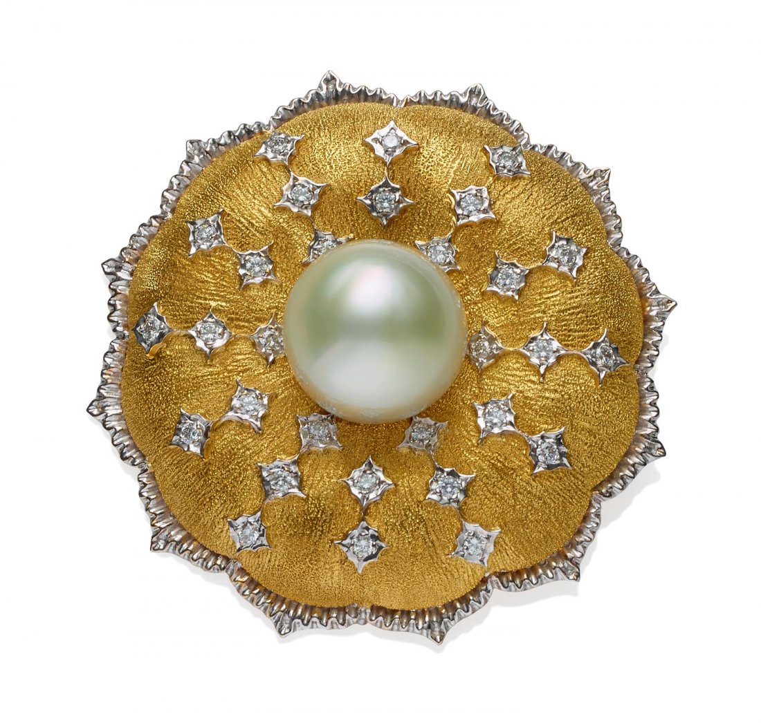 A diamond and South Sea pearl brooch and earrings, the (1 of 2)