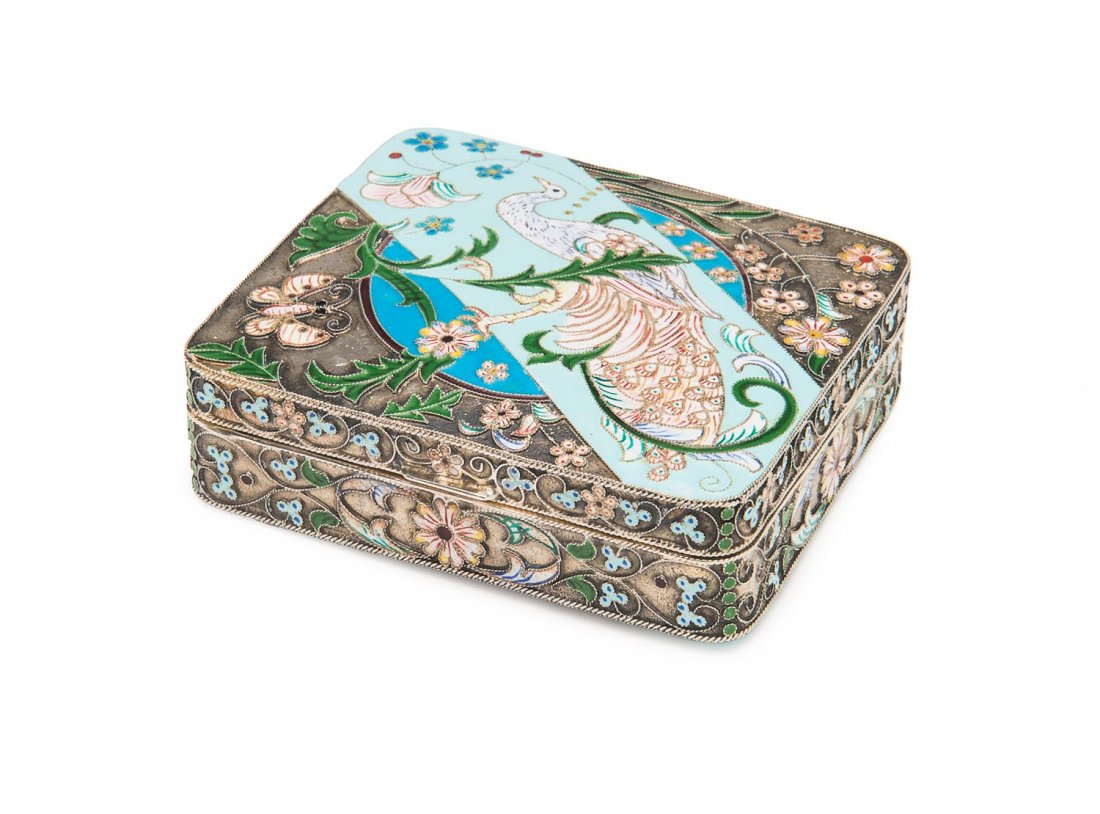 A Russian silver and enamel oblong box with peacocks (1 of 1)