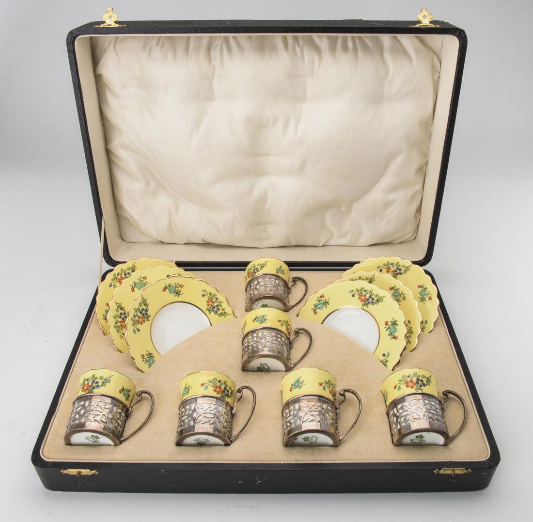 A George V porcelain sterling silver mounted set of 6 (1 of 1)