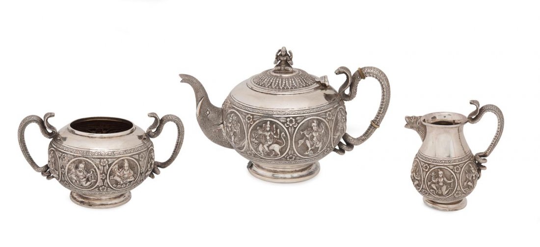 An Indian silver three piece tea set with elephant (1 of 1)