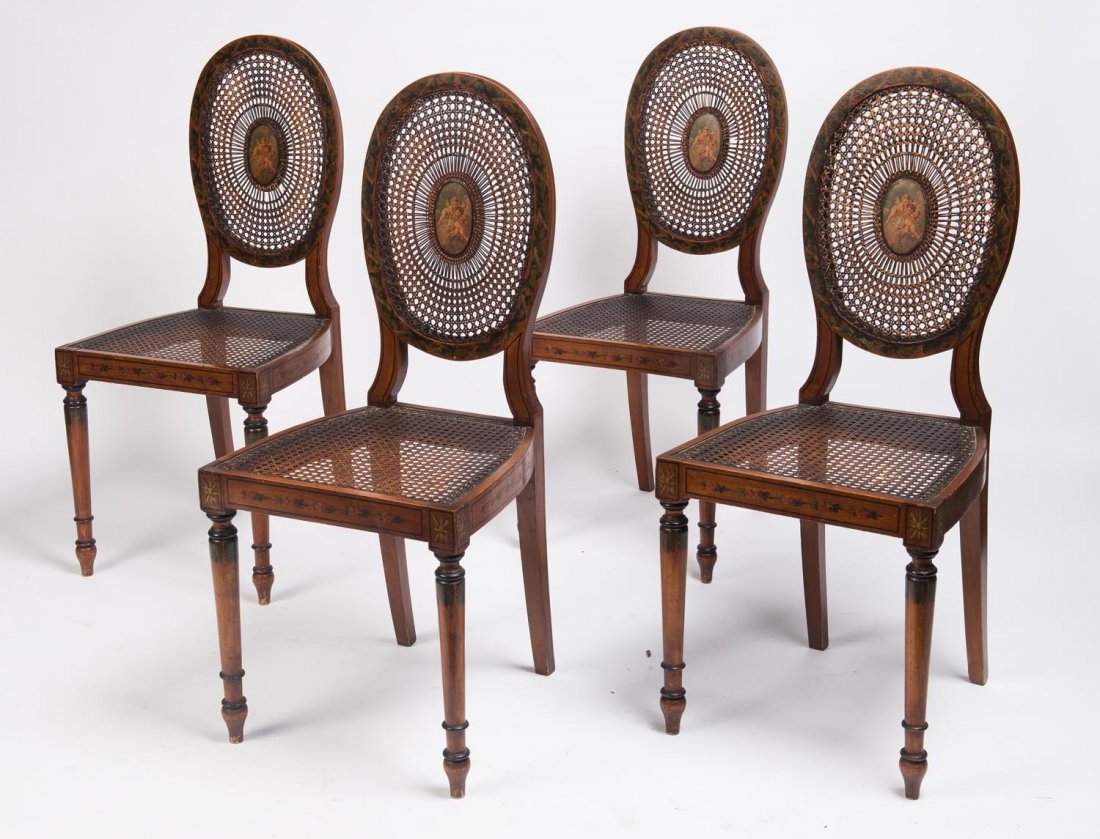 A set of four Edwardian painted satinwood side chairs: A set of four Edwardian painted satinwood side chairs