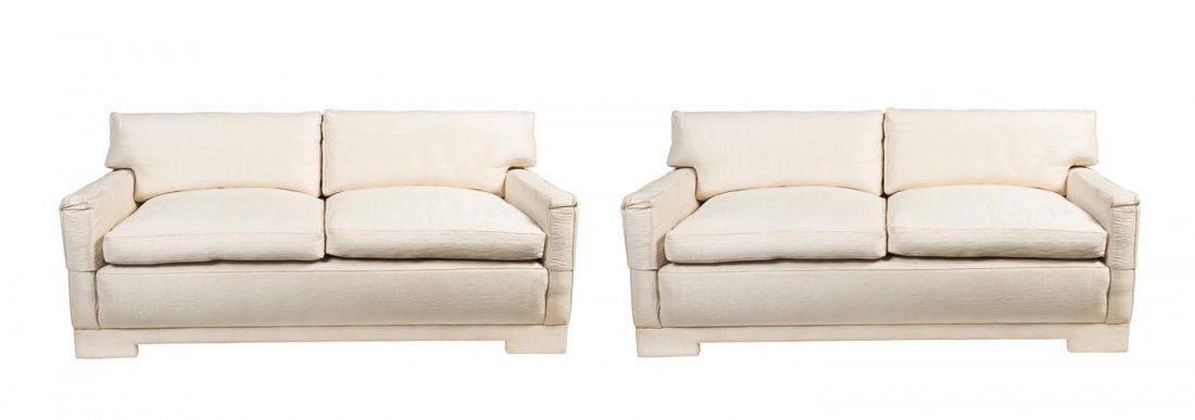 A pair of bespoke feather down two seater upholstered: A pair of bespoke feather down two seater upholstered settees 168cm length