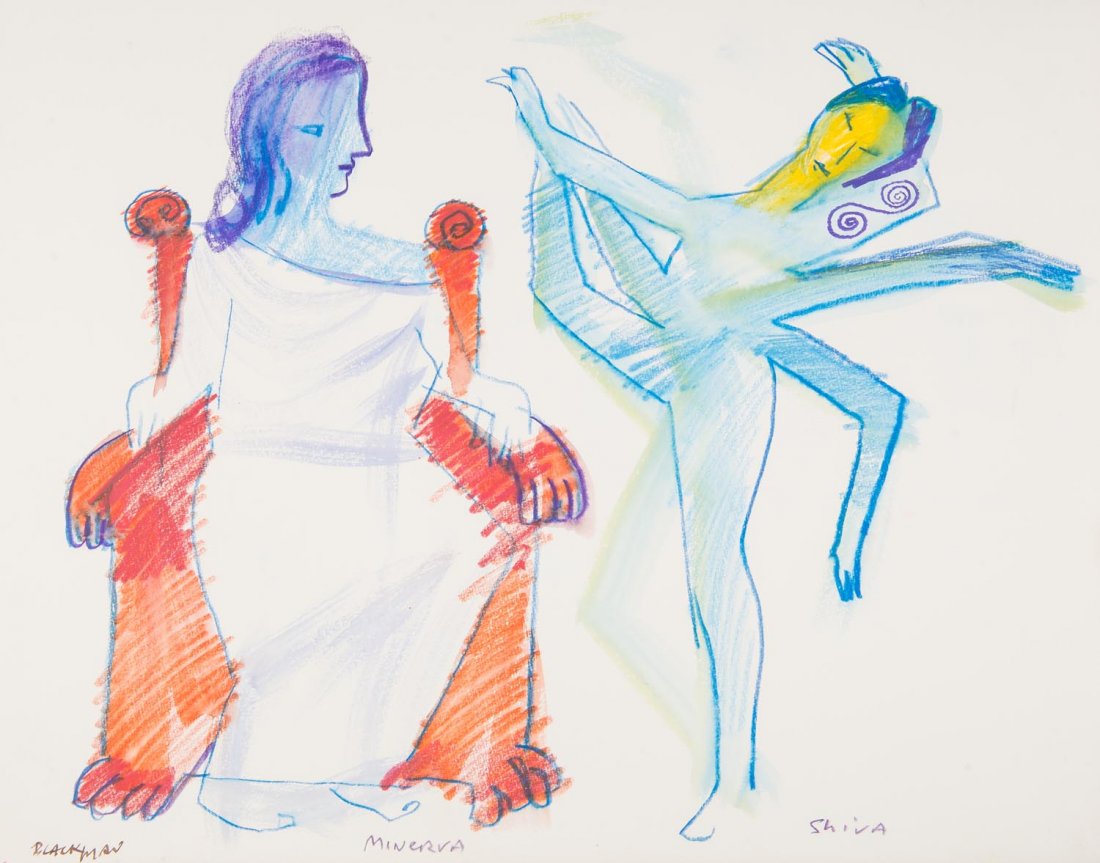 CHARLES BLACKMAN (BORN 1928) Minerva and Shiva c.1988: CHARLES BLACKMAN (BORN 1928) Minerva and Shiva c.1988 pencil and watercolour signed lower left: BLACKMAN titled lower centre and right: Minerva Shiva 36 x 44 cm<