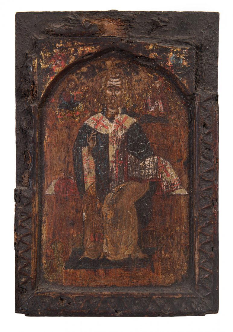 A Russian icon with carved timber frame, 18th Century. (1 of 1)