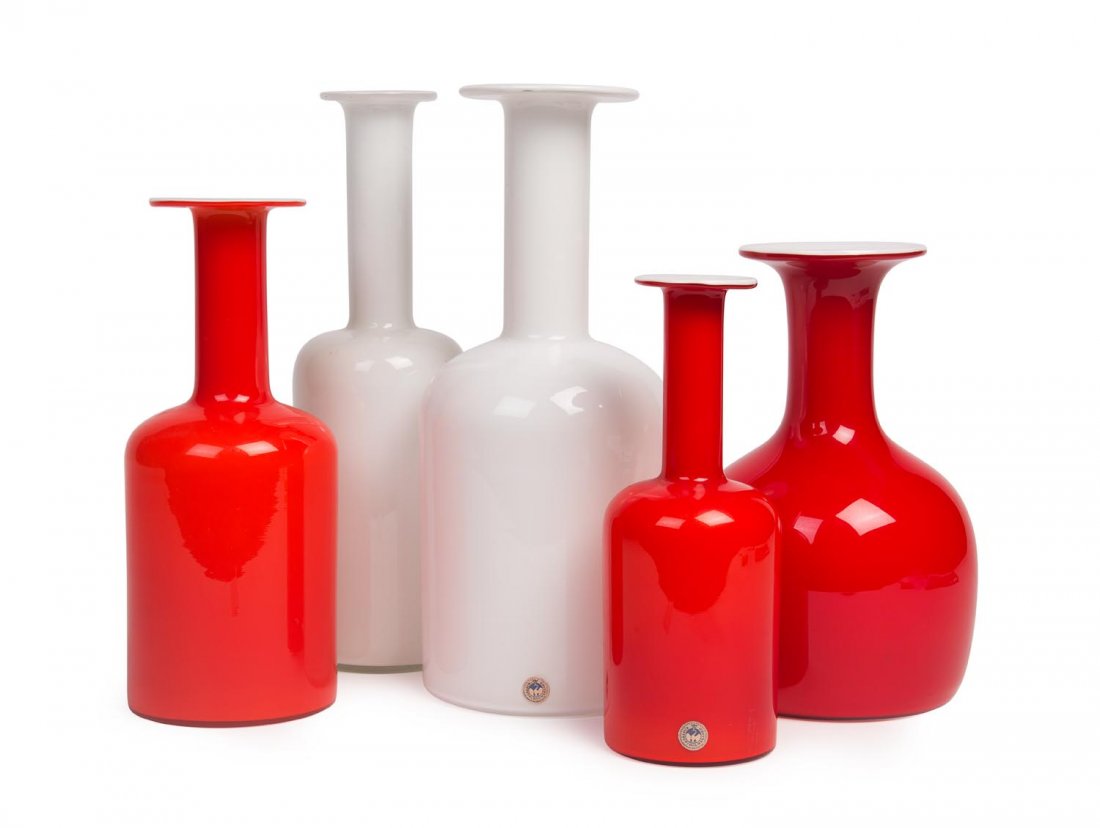 A collection of five coloured Holmegaard "Gul" bottle: A collection of five coloured Holmegaard "Gul" bottle vases. 26cm to 37cm high
