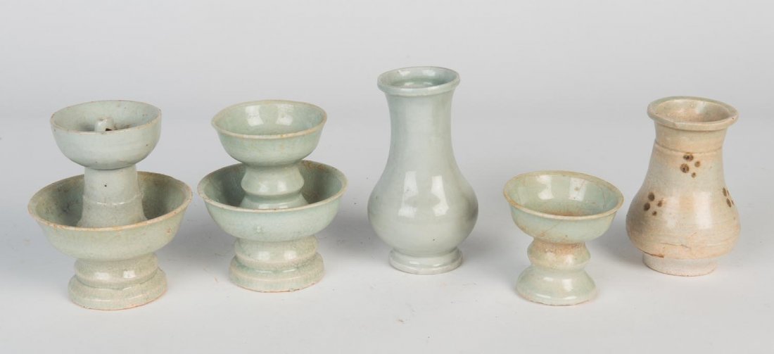 Three Qingbai candlesticks and two Qingbai vases. (1 of 1)