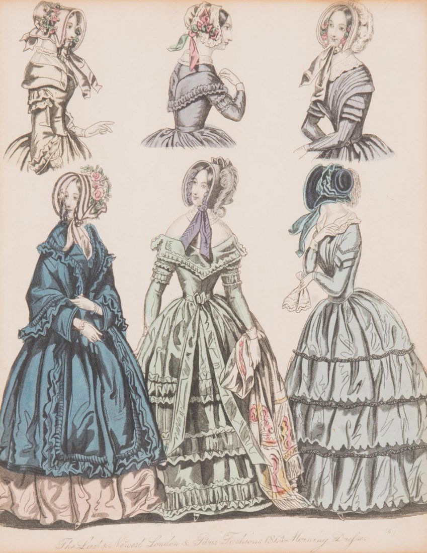 Set of six framed antique hand coloured French fashion (1 of 6)