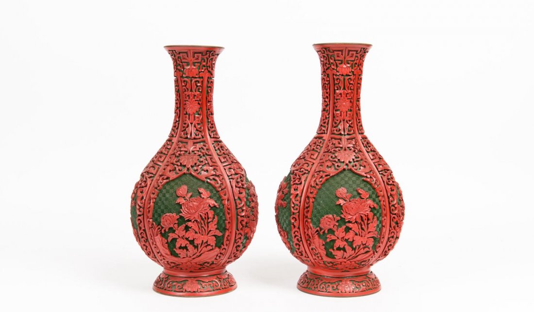 A pair oChinese cinnabar lacquer bottle vase on a green (1 of 1)