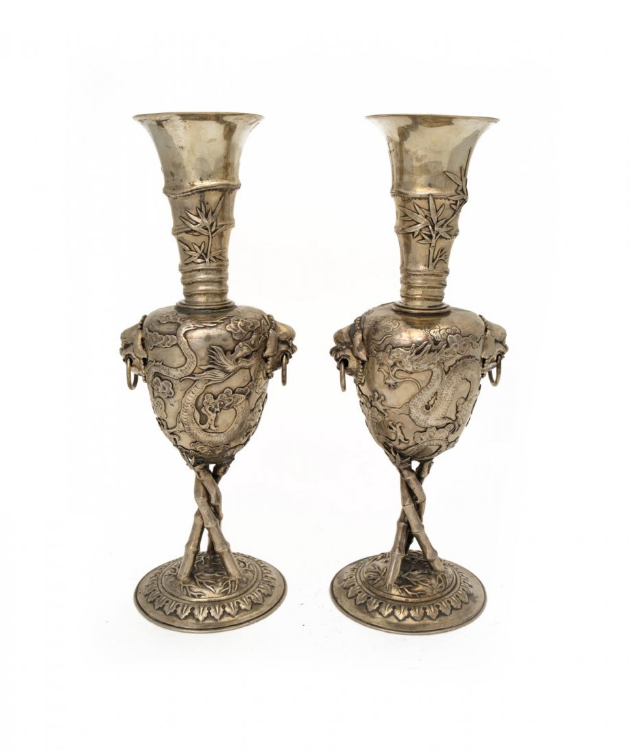 A pair of Chinese silver two handled vases decorated (1 of 1)