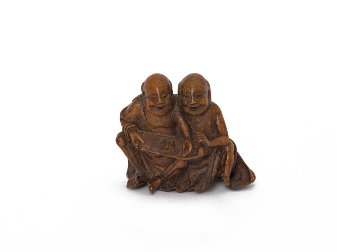 A Japanese boxwood carving of two monks with a spider (1 of 1)