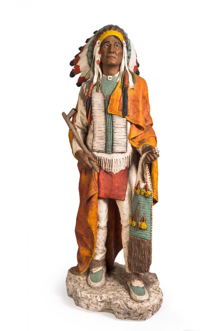 Universal Statuary Corp (Chicago U.S.A) life size cigar: Universal Statuary Corp (Chicago U.S.A) life size cigar store Indian chief statue, circa 1984, painted fibreglass. 180cm