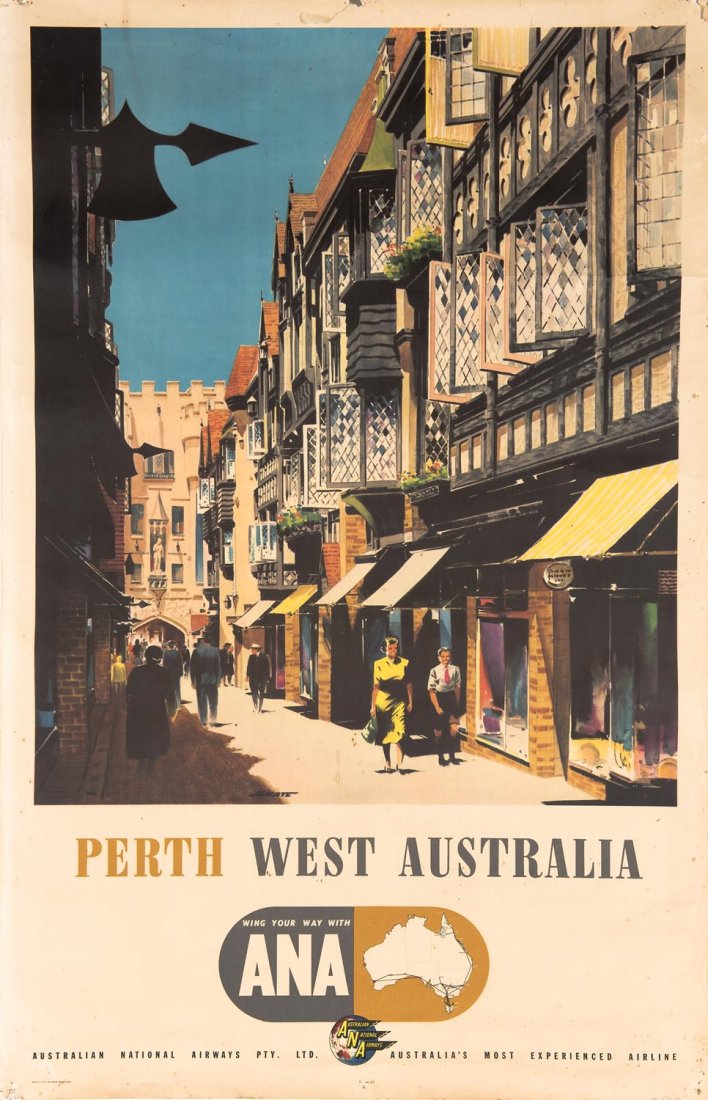 c1957 "PERTH WEST AUSTRALIA Wing your way with ANA" by: c1957 "PERTH WEST AUSTRALIA Wing your way with ANA" by R.Clayton Skate colour lithograph by McLarens, Melbourne. 98 x 63cm