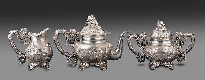 A silver three piece tripod tea service, late Qing (1 of 2)