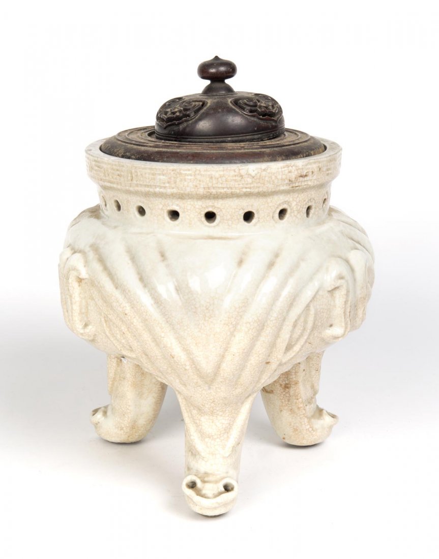 A large Chinese white glazed tripod censer with wooden (1 of 1)