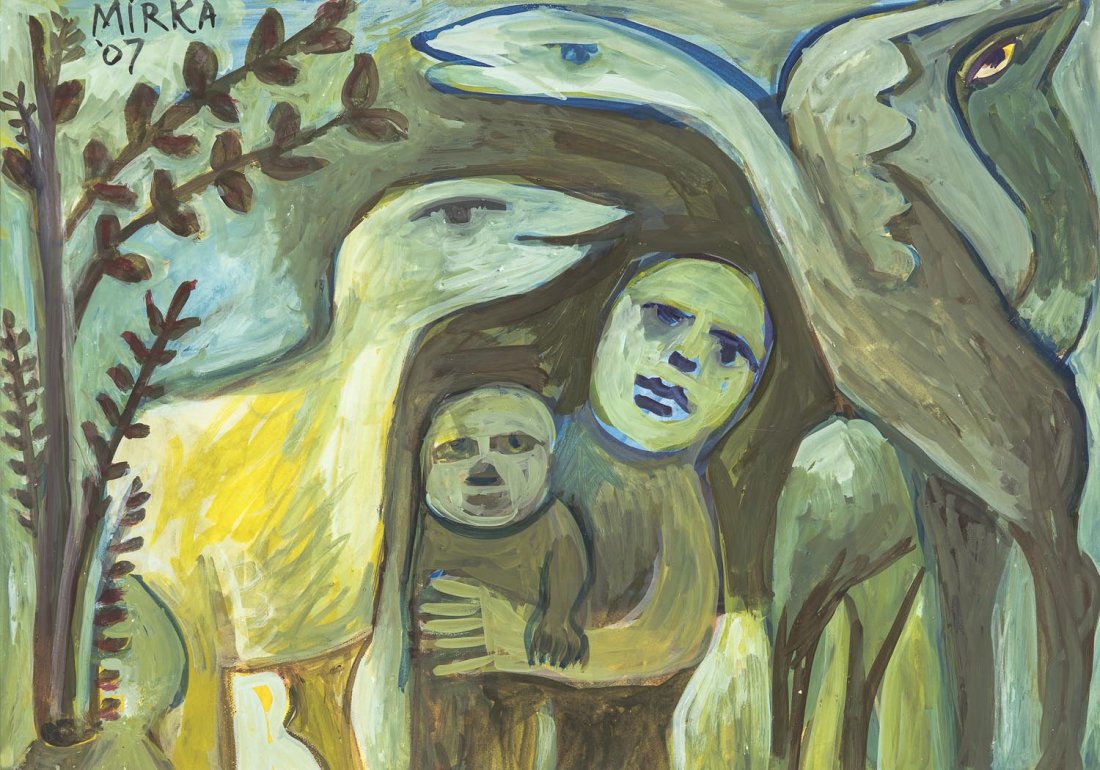 MIRKA MORA (BORN 1928) Mother, Child and Birds 2007: MIRKA MORA (BORN 1928) Mother, Child and Birds 2007 gouache signed and dated upper left: MIRKA 07 29 x 41 cm