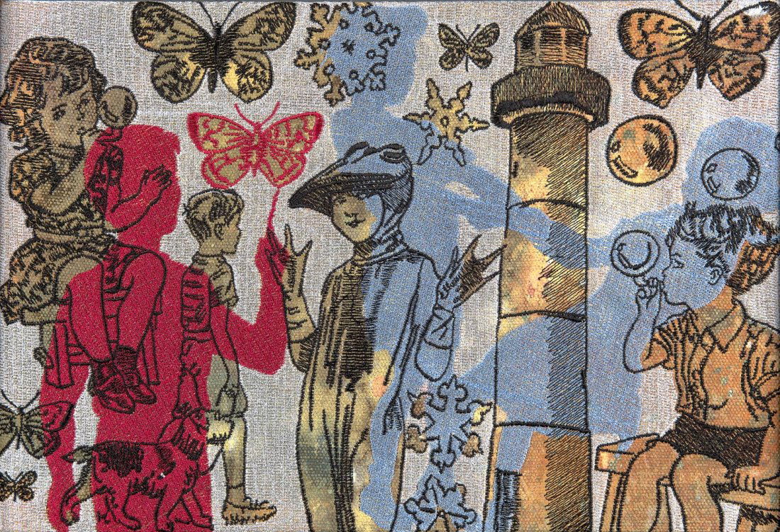 DAVID BROMLEY (BORN 1960) Children and Lighthouse: DAVID BROMLEY (BORN 1960) Children and Lighthouse embroidery signed verso: BROMLEY 23.5 x 33.5 cm