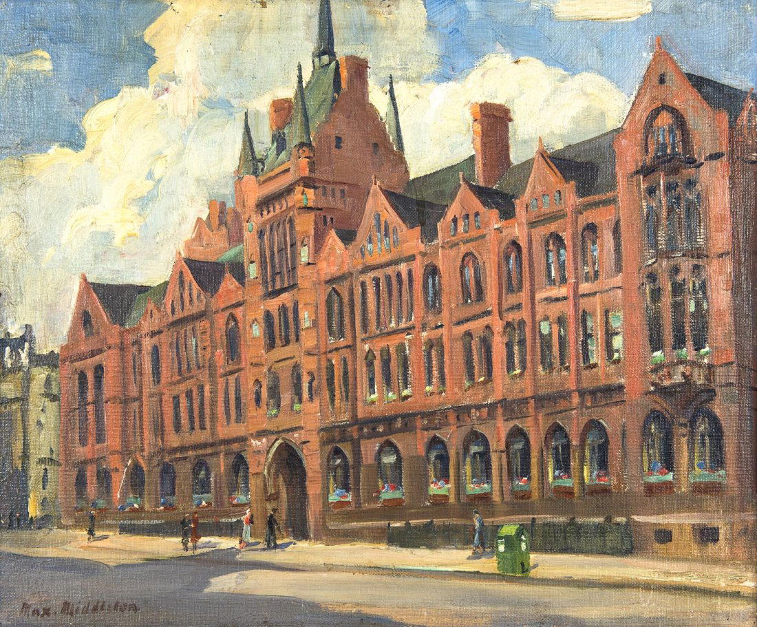 MAX MIDDLETON (1922-2013) Holborn Bars, London: MAX MIDDLETON (1922-2013) Holborn Bars, London oil on canvas on board signed lower left: Max Middleton 41.5 x 50 cm