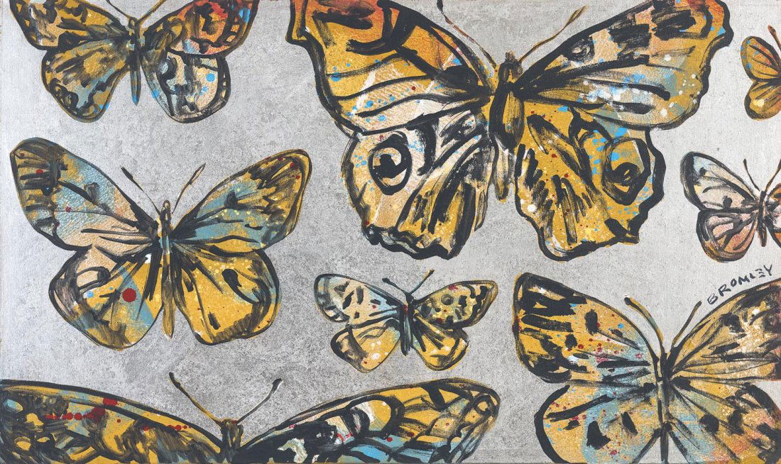 DAVID BROMLEY (BORN 1960) Butterflies: DAVID BROMLEY (BORN 1960) Butterflies acrylic and silver leaf on canvas signed mid right: BROMLEY 90 x 150 cm
