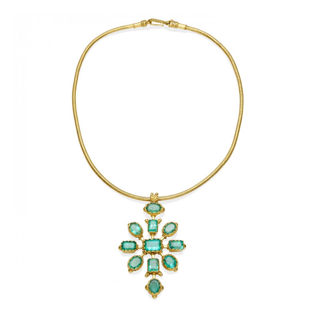 An eight-arm emerald pendant on a woven gold collar. (1 of 1)