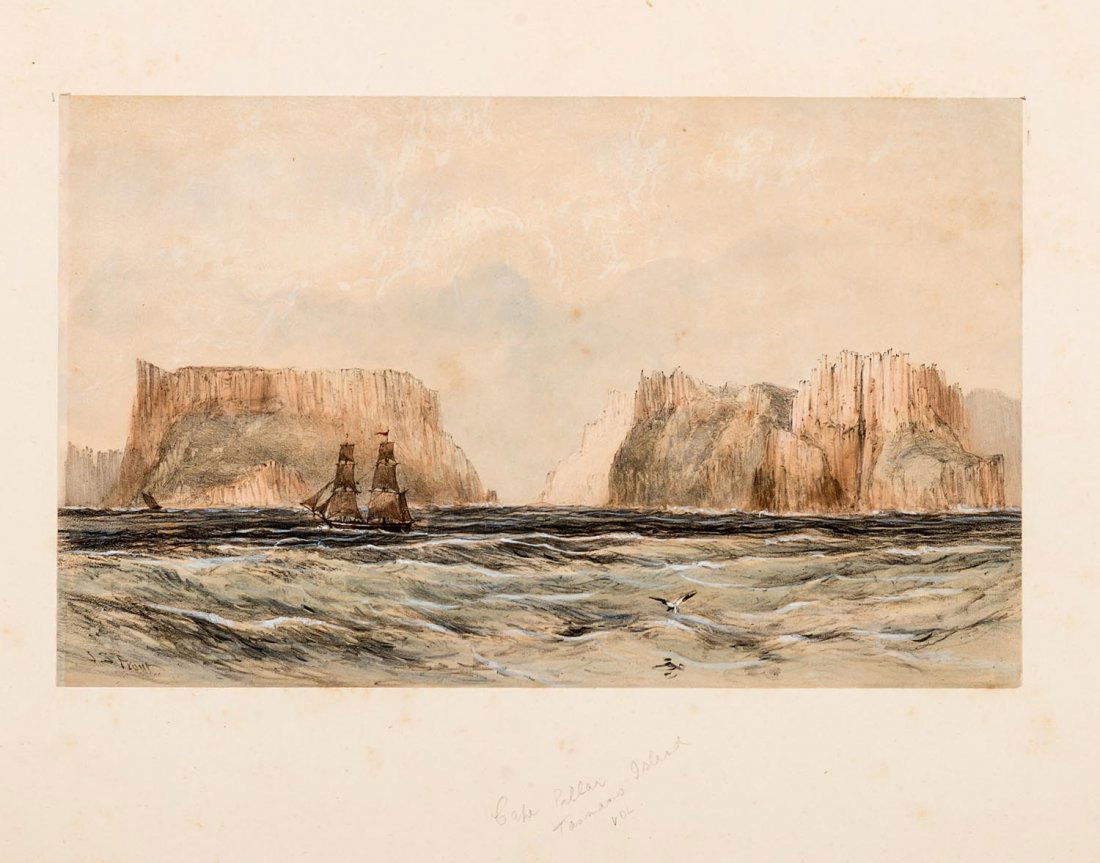 JOHN SKINNER PROUT (1805-1876) Cape Pillar Tasmans: JOHN SKINNER PROUT (1805-1876) Cape Pillar Tasmans Island colour lithograph signed in plate lower left 16.5 x 27 cm