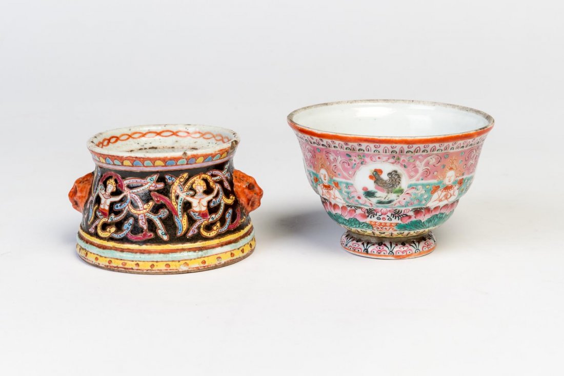 A "Bencharong" porcelain vessel, 18th-19th century: A "Bencharong" porcelain vessel, 18th-19th century with two animal masks handle; together with a Thai porcelain bowl painted with a Buddha and roosters 11x7cm ("Bencharong" vessel)