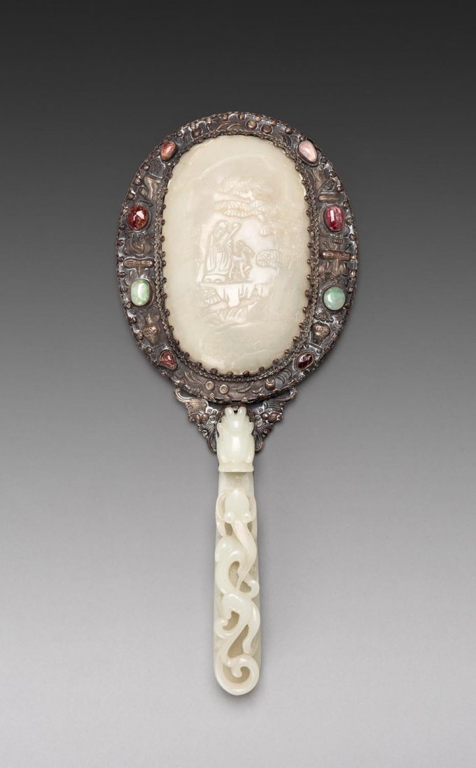 A Chinese hand mirror with jade belt hook handle, Late (1 of 2)