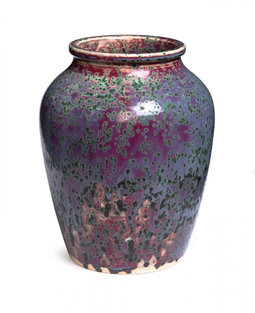 A Ruskin pottery high fired mottled green purple: A Ruskin pottery high fired mottled green purple flambÃ© glazed vase 21cm high