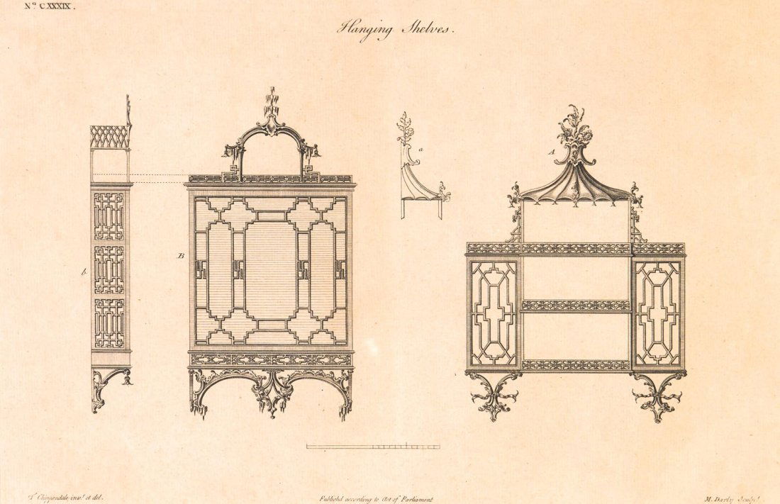 A set of four prints ofÂ architectural and furniture: A set of four prints of architectural and furniture designs, 18th century and later comprising a French architectural print, a pair of copper line engraving after Thomas Chippendale and an architectur