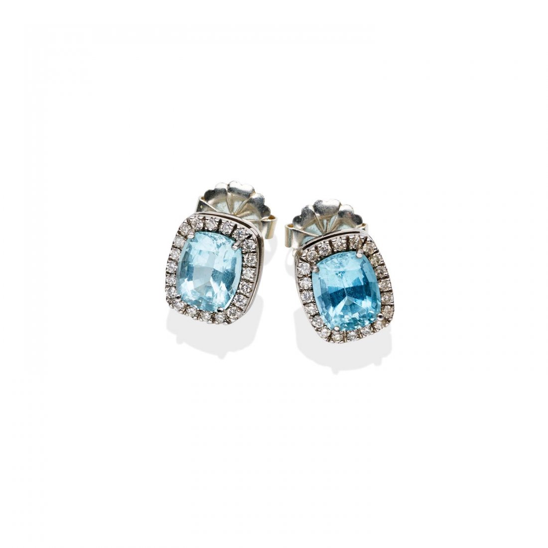 A pair of aquamarine and diamond ear studs, featuring a (1 of 1)